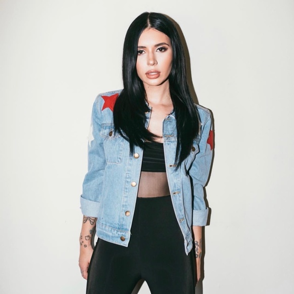 HIGH HEELS SUICIDE WANDERLUST Star Patch Embellished DENIM jean JACKET Sz S - Picture 9 of 16